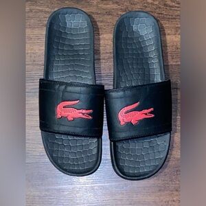 EUC Lacoste Black Slides Sandals with Red Crocodile Size 12